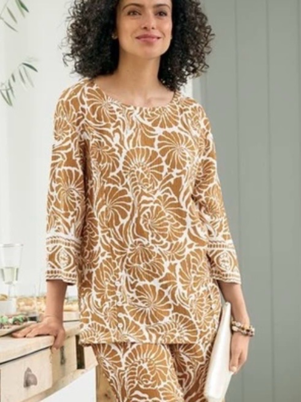 SOFT SURROUNDINGS OCEO GAUZE CRINKLE TUNIC ~NAUTICAL SHELLS NEUTRAL PRINT SZ PM - Picture 6 of 9